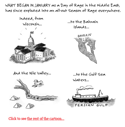 egypt, tunisia, bahrain, yemen protests, wisconsin unions cartoon