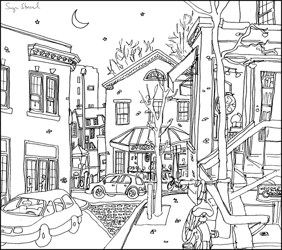 Church Street Starbucks Harvard Square pen & ink illustration Sage Stossel