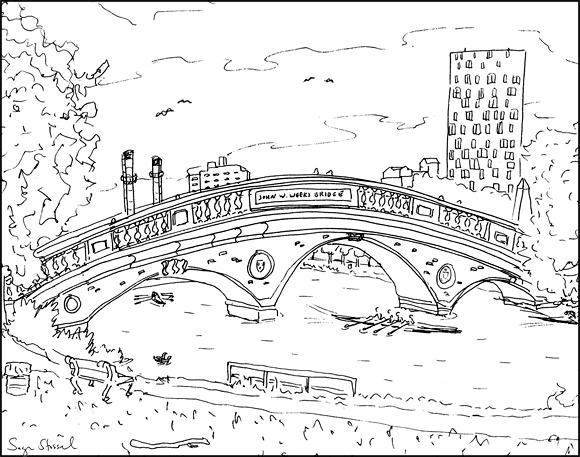 Charles River Weeks Bridge Harvard Square pen & ink illustration Sage Stossel