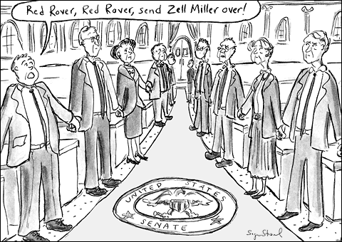 zell miller, congress, democrats, republicans, bush, cross over, political allegiance, partisanship, cartoon