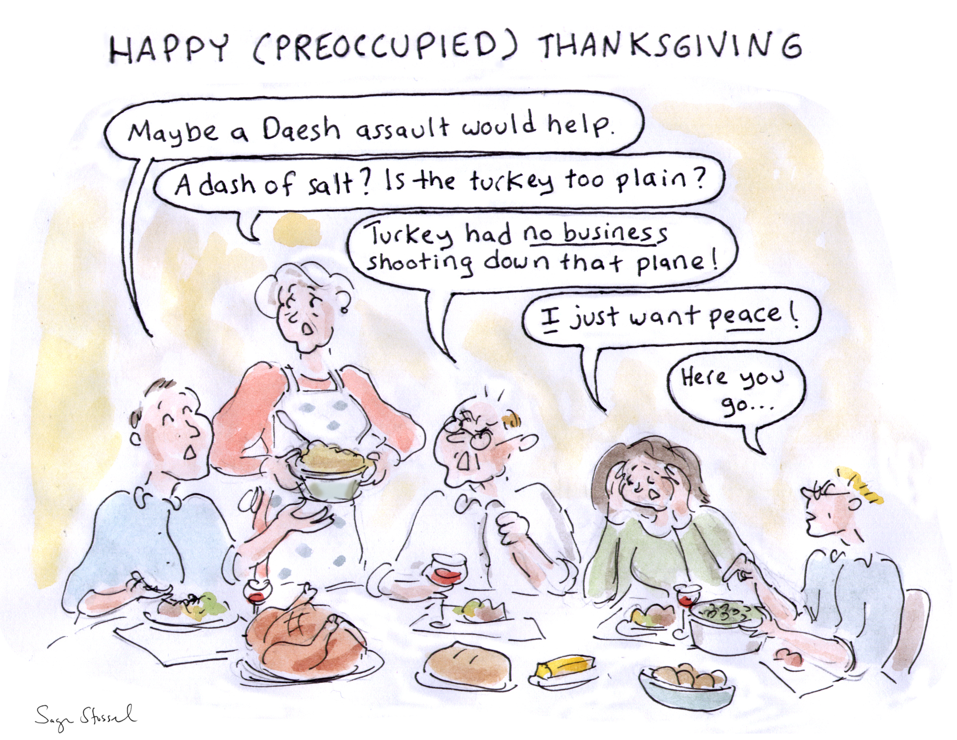 thanksgiving 2015, turkey, peas, salt, isis, daesh, turkey shoot down plane, putin, erdogan, paris, terrorism, cartoon