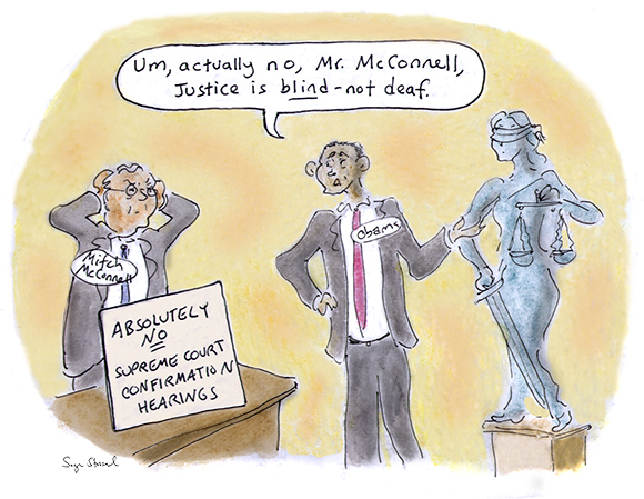 mitch mcconnell, obstructionist, senate, supreme court nominee, hearings, scalia death, balance, justice, minerva cartoon