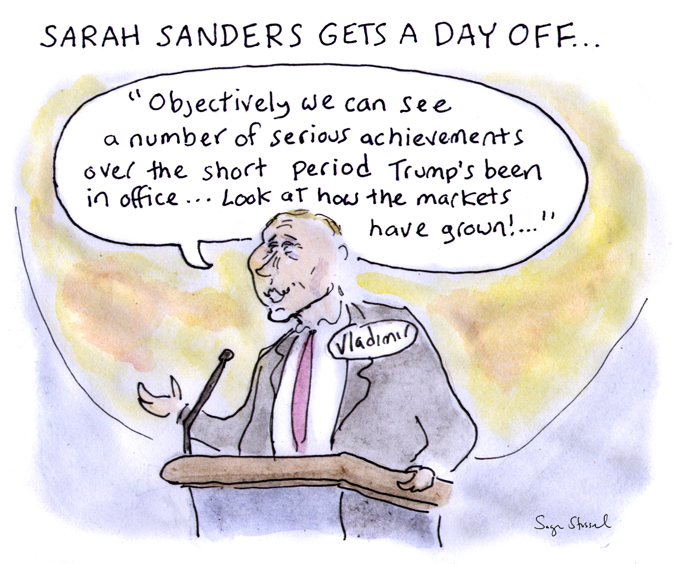 putin, trump, annual press conference, collusion, sarah huckabee sanders, cartoon
