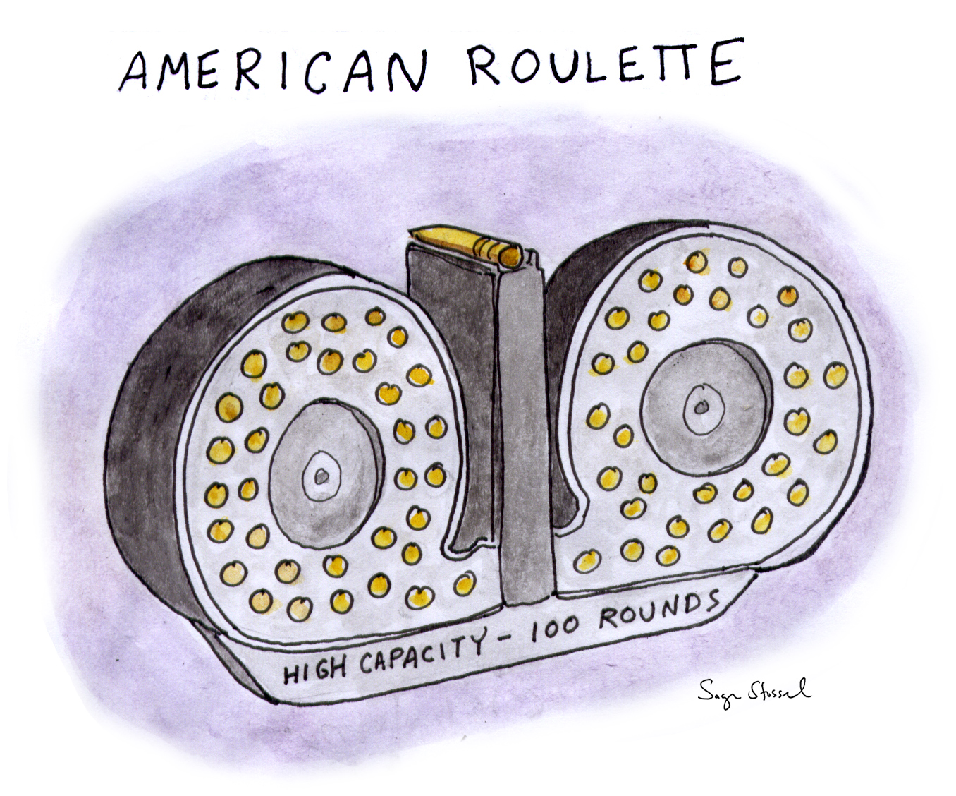 american guns, nra, high-capacity magazines, ak-47s, assault rifles, gun control, american roulette, second amendment, red flag laws, safety, cartoon, sage stossel