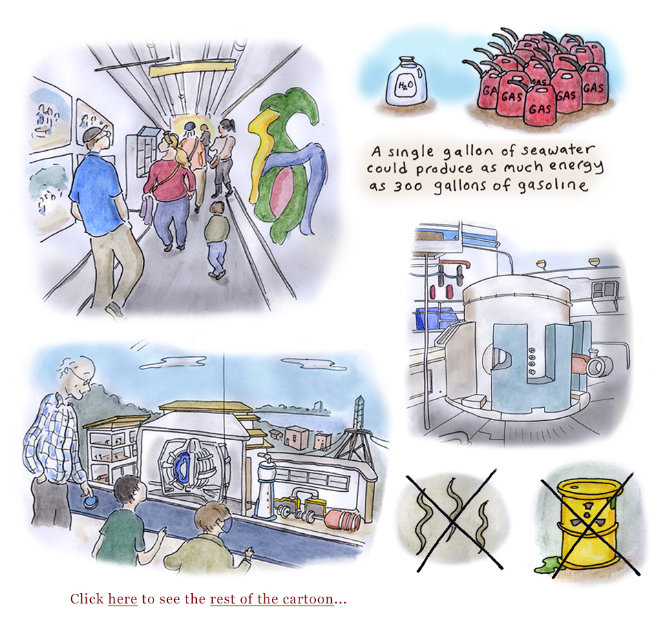 MIT, fusion plasma lab, energy, nuclear power, commonwealth fusion systems, tokamak, deuterium, lithium, superconductor magnet, neutrons, hydrogen, science, cambridge science festival, greenhouse gases, seawater, fuel, power, cartoon, sage stossel