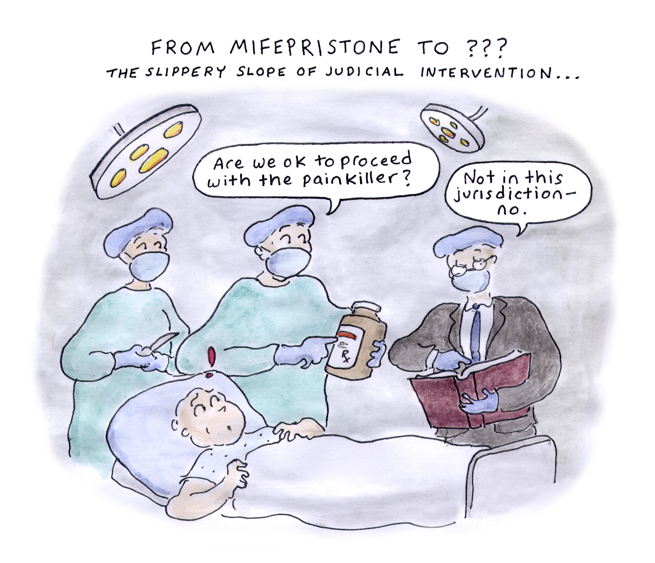 mifepristone, pharmaceuticals, fda, kasmaryk ruling, thomas o. rice ruling, healthcare, rx, chaos, judge shopping, justice thomas, harlan crow, judical system, legal, cartoon, sage stossel