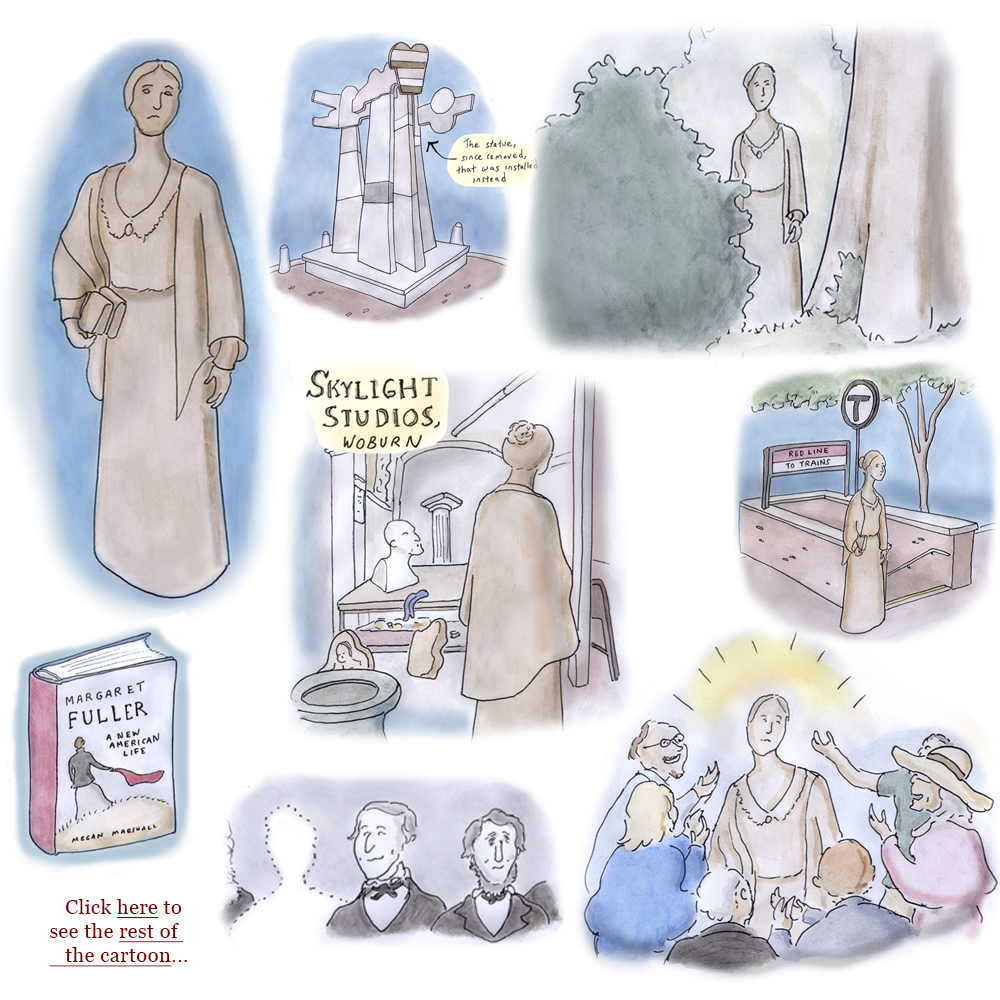 margaret fuller, megan marshall, anke voss, concord free library, ronald lee fleming, arts on the line, emerson, thoreau, alcott, transcendentalists, women, statue, sculpture, arts, penelope jencks, public art, cartoon, sage stossel